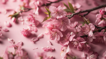 Cherry blossoms on a pink backdrop, with petals scattered aroundの素材
