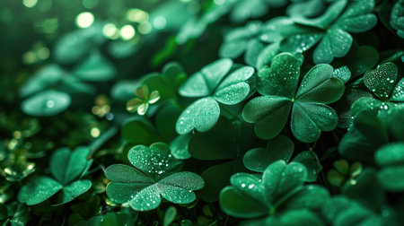 Lush clover leaves with glistening dewdropsの素材