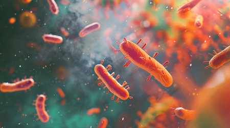 Red and orange bacteria on a dark backgroundの素材