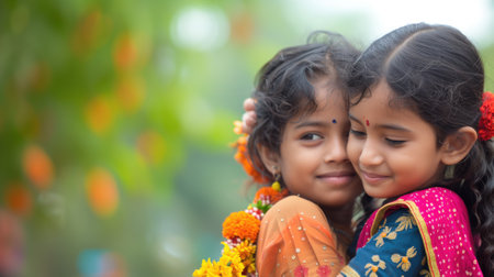 Two young girls in traditional Indian wear, embracing and smilingの素材
