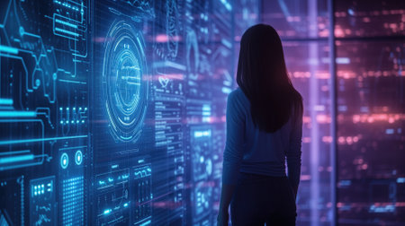 Woman looking at glowing futuristic graphical user interfaceの素材