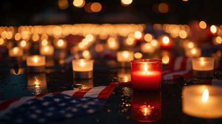 Candles with an American flag, a symbol of remembrance or memorialの素材