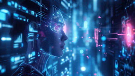 Digital portrait of a woman with futuristic neon face mappingの素材