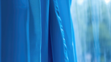 Close-up of blue curtains with a gauzy texture and soft foldsの素材