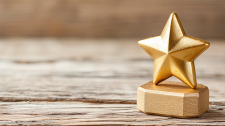 A golden star on a wooden stand with a soft-focused backgroundの素材