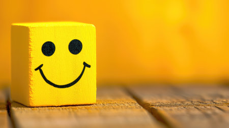Yellow smiling cube on a wooden surfaceの素材