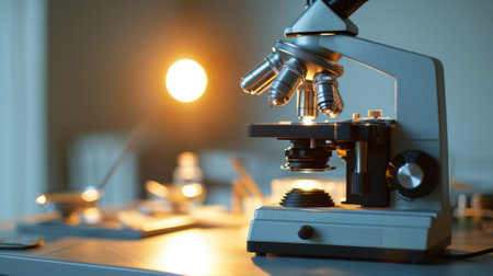 A close-up of a modern microscope with a warm light in the backgroundの素材