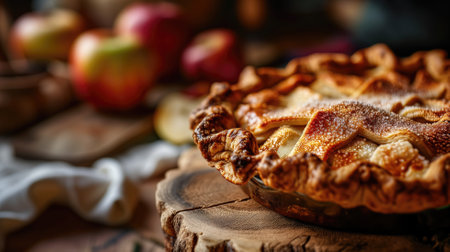 Golden apple pie with lattice crust, fresh apples in the backdropの素材