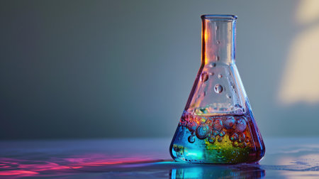 Colorful liquid in a flask with a blurred backgroundの素材