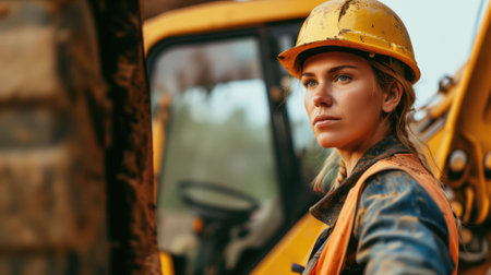 Woman in a hard hat posing beside yellow construction equipmentの素材