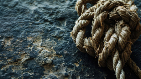 Close-up of a twisted rope on a textured stoneの素材