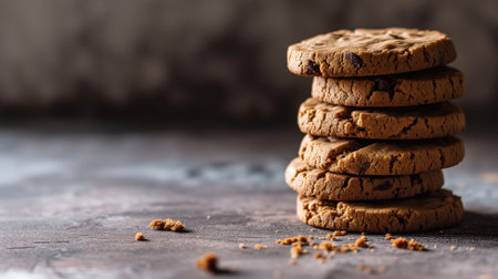 Stacked chocolate chip cookies on dark surfaceの素材