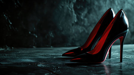 Red and black high-heeled shoes on a moody backgroundの素材