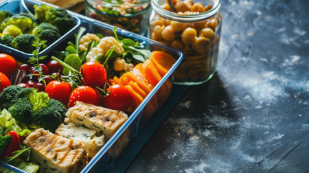 Colorful, organized meal prep containers with various foodsの素材