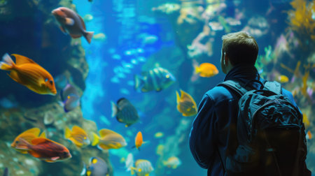 Visitor admiring a variety of fish in a dimly lit, blue aquarium settingの素材
