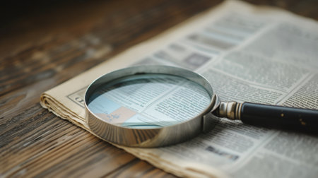 Close-up of a magnifying glass on a vintage newspaper, symbolizing investigationの素材