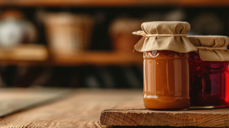 Artisanal honey and jam jars on a wooden shelf, with a warm, rustic ambianceの素材