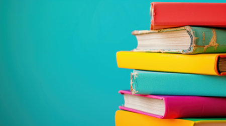 A vivid stack of colorful books on a bright turquoise backgroundの素材