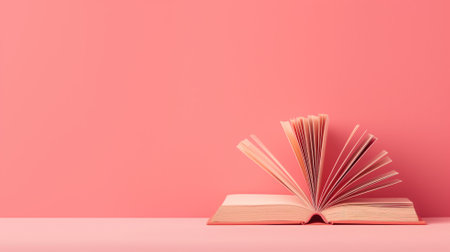 An open hardcover book on a solid pink backdropの素材