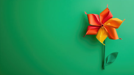Bright red and yellow paper pinwheel against a vivid green backgroundの素材