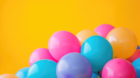 Vivid, cheerful balloons against a vibrant yellow backdropの素材