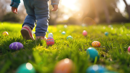 A child on an Easter egg hunt, walking in sunlit grass with colorful eggs scattered aroundの素材