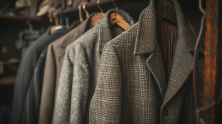 Men's fashion coats displayed on a wooden hanger in a storeの素材