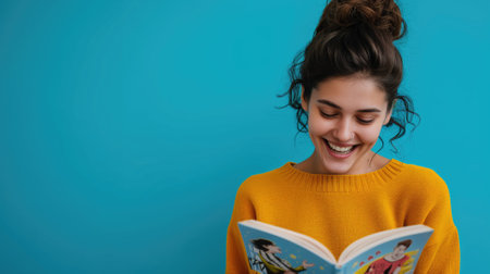 Happy young woman reading a colorful children's bookの素材