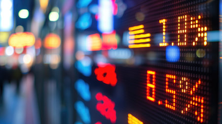 Dynamic stock market figures displayed in vivid neonの素材