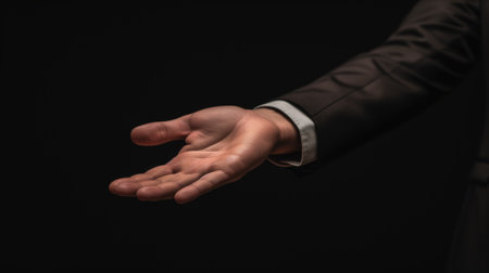Professional man in dark suit extends an open handの素材