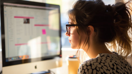 Young woman concentrating on computer work in a bright officeの素材