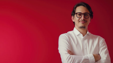 Smiling young professional man against red backgroundの素材