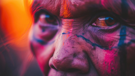 Close-up of a person with colorful tribal face paintの素材