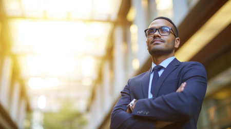 A professional businessman in a suit looking upwards in a modern city environmentの素材