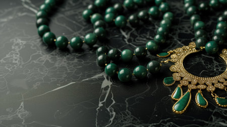 Close-up of a luxurious malachite bead necklace beside a gold ornate necklaceの素材