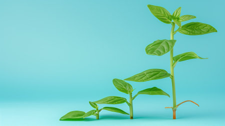 Single green plant sprout growing against a plain blue background, symbolizing new lifeの素材