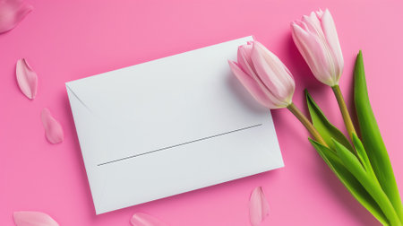 A white thank you card with pink tulips on a pink backgroundの素材