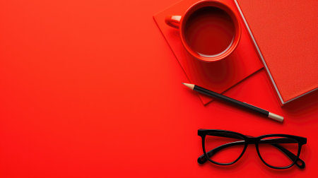 A neat workspace with red cup, notebook, glasses, and pen on a red backgroundの素材