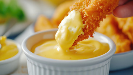 A close-up of a hand dipping a chicken nugget into a creamy cheese sauceの素材