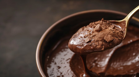 A golden spoon holds a luxurious portion of melted chocolate, dusted with cocoa powderの素材