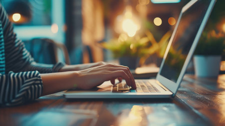 A woman's hands typing on a laptop in a warmly lit cafe settingの素材