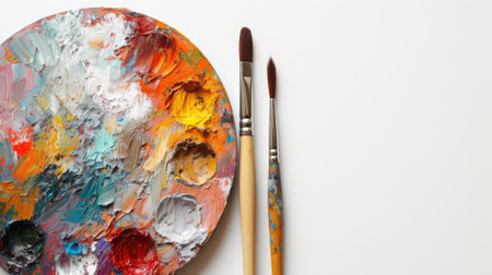 Vivid artist's palette, paintbrushes, creative expressionの素材