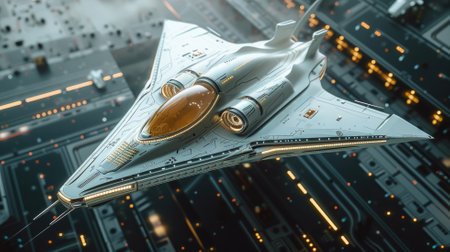 A futuristic spacecraft soaring above a complex digital cityscapeの素材