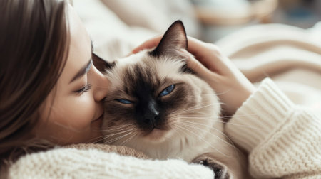 Affectionate moment as a woman tenderly kisses a Siamese cat with striking blue eyesの素材