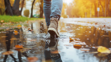 Close-up of boots splashing in a puddle during autumnの素材
