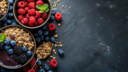 Black and raspberries with granola in bowls on a dark surfaceの素材