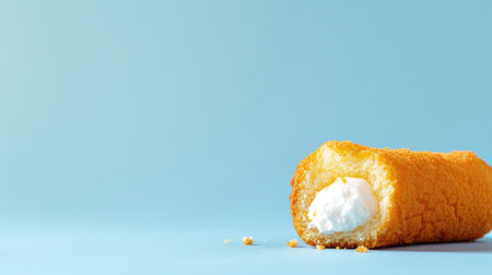 A single Twinkie cake with cream filling on a blue backgroundの素材