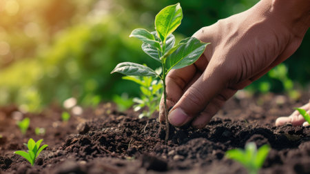Human hand planting young green plant in soilの素材
