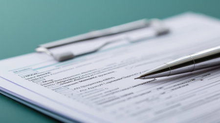 Close-up view of a pen resting on medical formsの素材