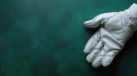 White leather golf glove displayed on a deep green textured backdropの素材